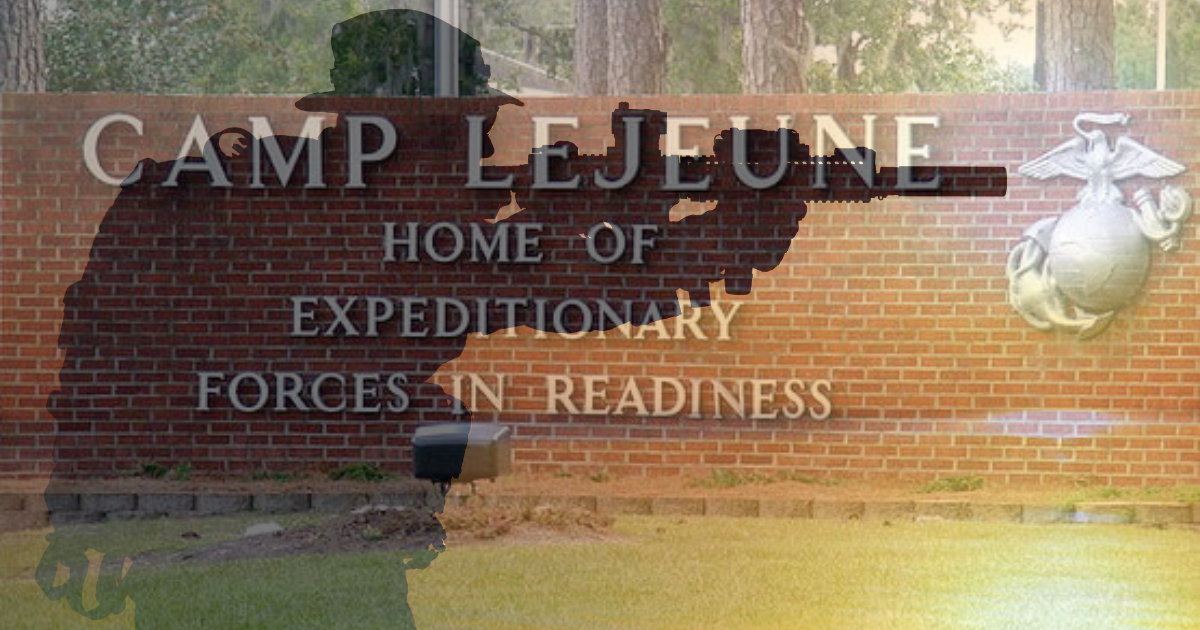 Silhouette of a soldier against a backdrop of water, symbolizing the hidden dangers faced by military personnel in the Camp Lejeune water contamination incident.