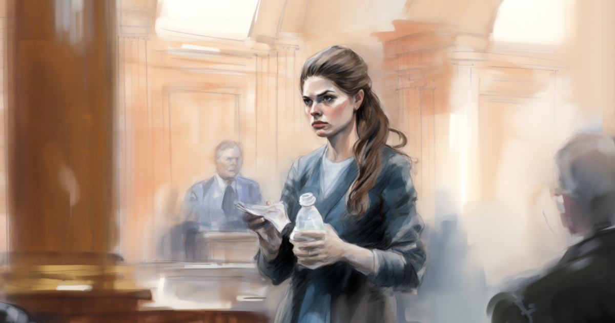 Woman holding baby powder bottle, looking concerned, with a backdrop of a courtroom.